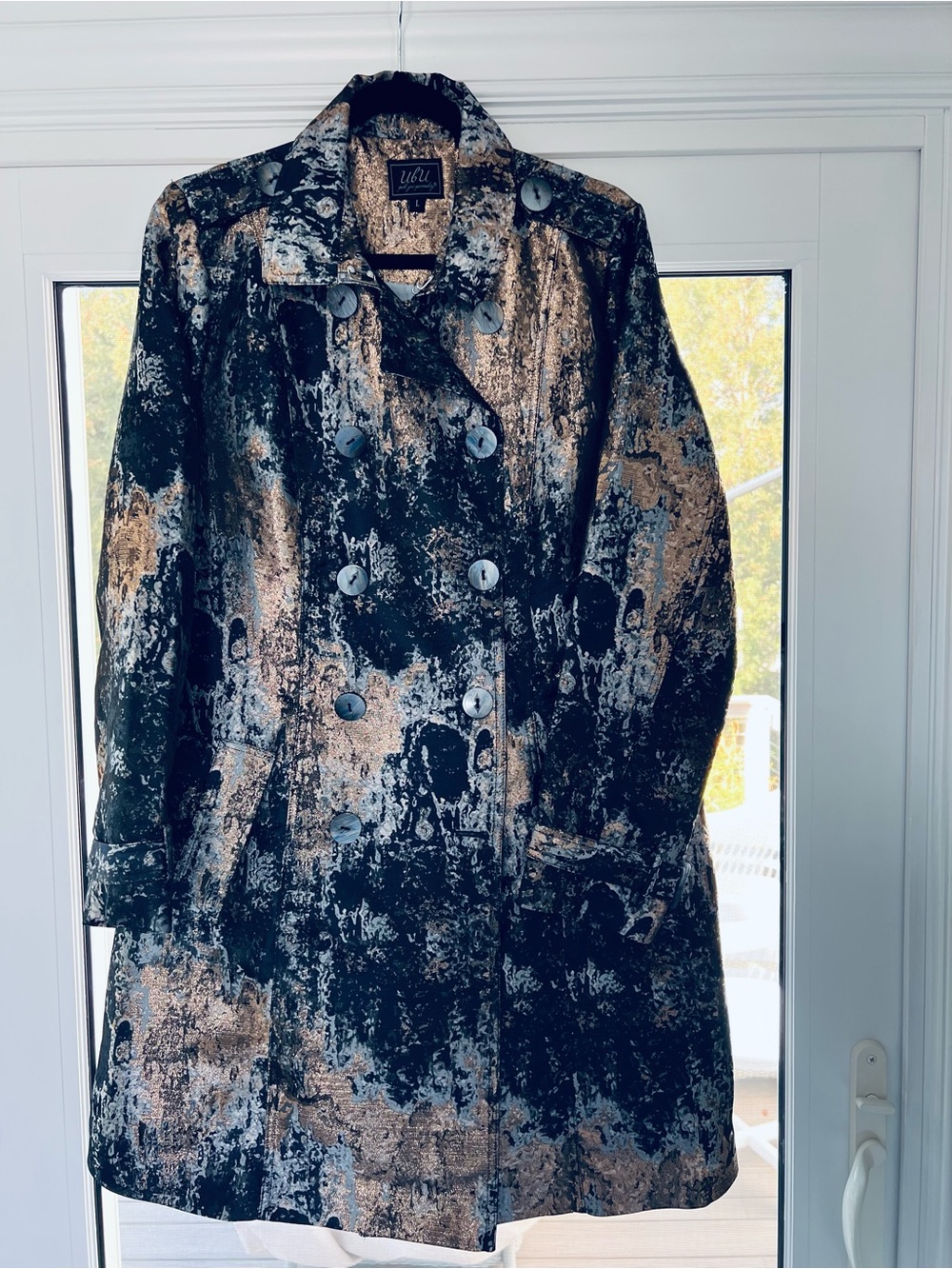 Textured Double-Breasted Trench Coat in Black and Tan by Ufu